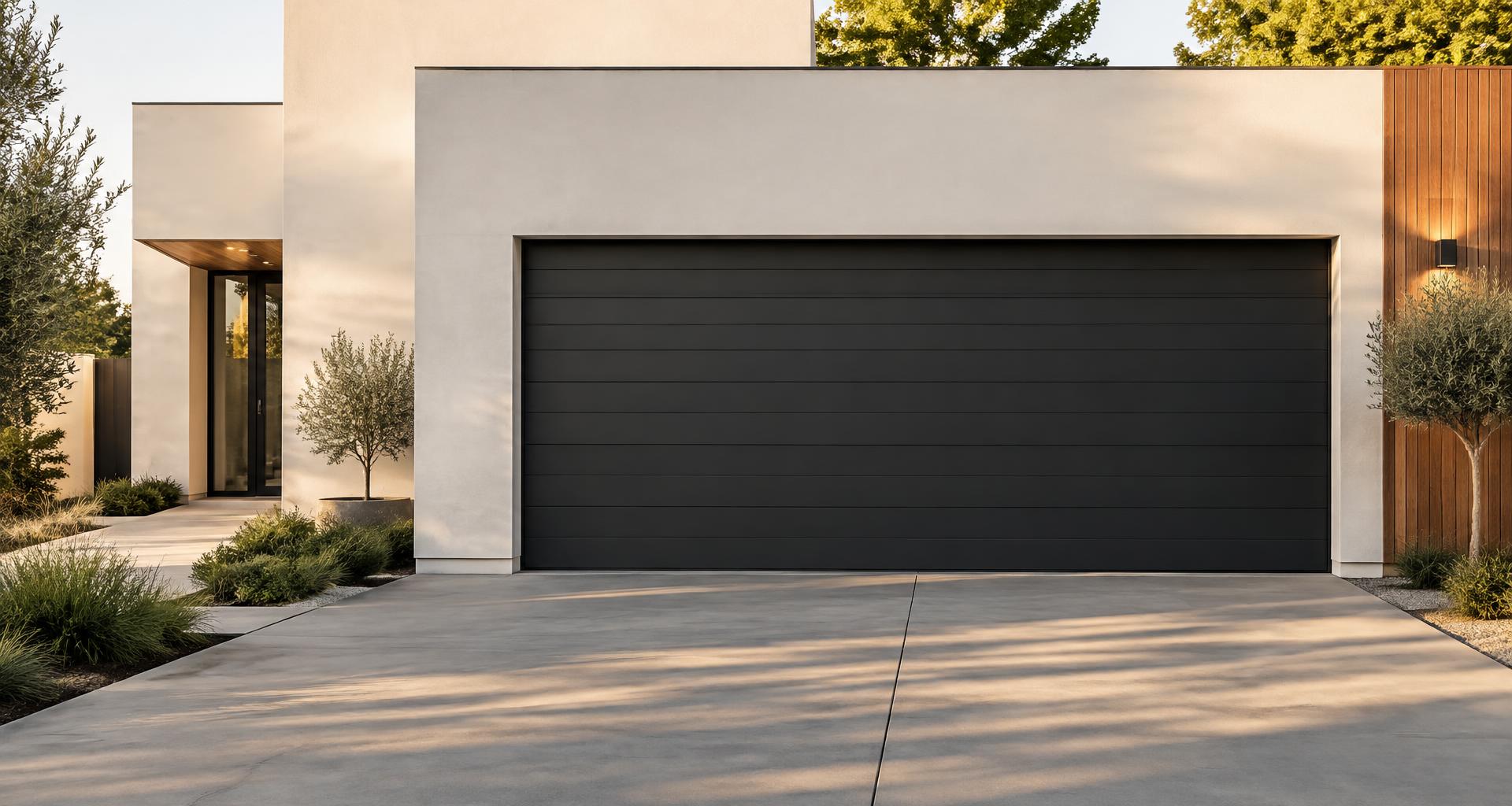 Modern charcoal garage door on a contemporary home